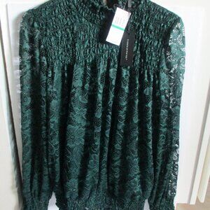 Cable & Gauge Lace Sheer Size L Blouse Shirt Top Dark Green Long Sleeve
